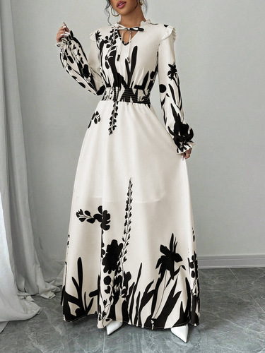Live-shooted in stock, foreign trade cross-border independent station 1688, export order 2025 hot-selling Western and European floral long-sleeved long dress