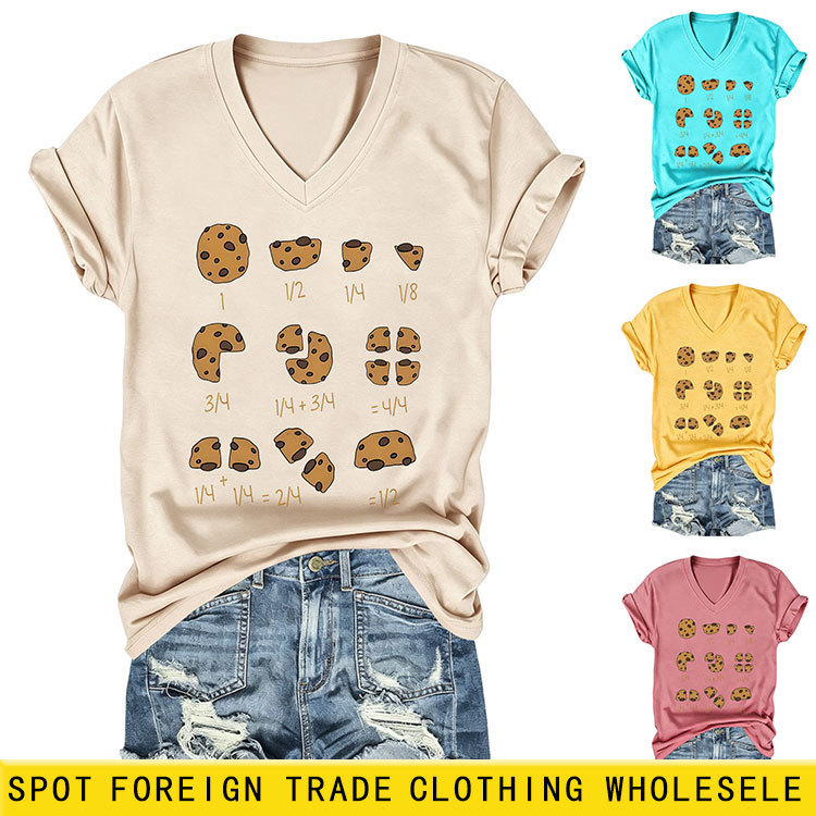 Amazon eBay independent site casual fashion fun women's cookie print V-neck short-sleeve T-shirt base shirt Amazon eBay independent site casual fashion fun women's cookie print V-neck short-sleeve T-shirt base shirt