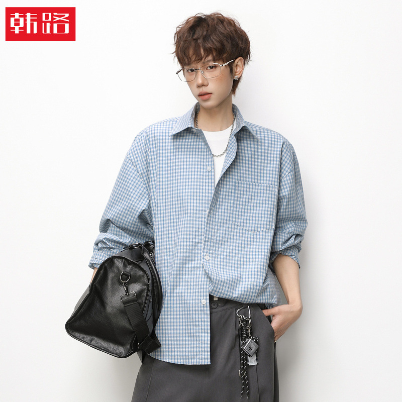 Color-Blocked Plaid Long-Sleeve Shirt for Men, Spring Style, Small Check Loose Casual Shirt, Miu-Style Outfit, Top Jacket Color-Blocked Plaid Long-Sleeve Shirt for Men, Spring Style, Small Check Loose Casual Shirt, Miu-Style Outfit, Top Jacket