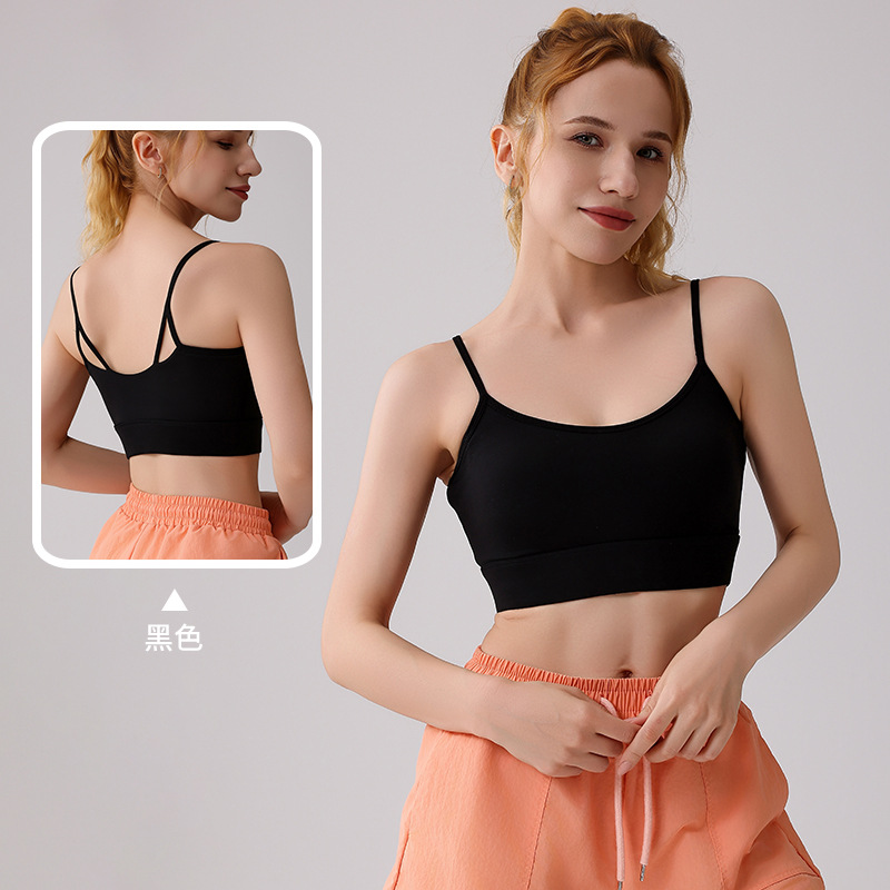 Nueva ropa interior deportiva integrada correa de hombro delgada fija taza antichoque se reúne delgada secado rápido hermoso sostén de yoga de verano