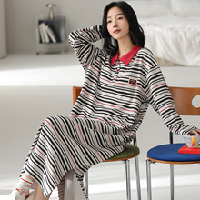 睡裙女夏季长袖睡衣宽松纯棉中长款甜美条纹可外穿学生家居服全棉