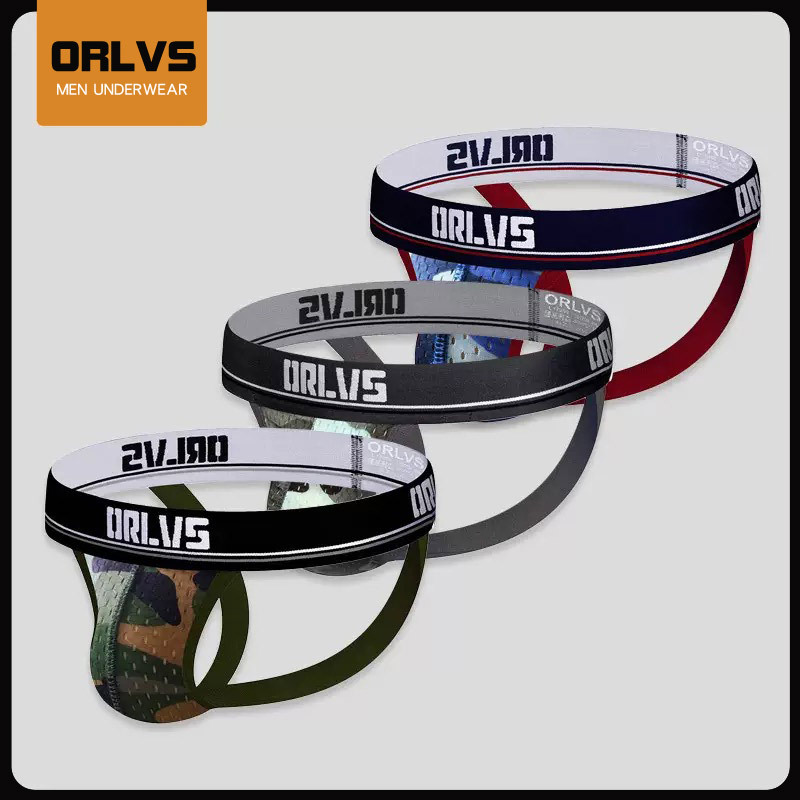 Brand ORLVS camouflage double thong trendy men's sexy mesh gay underwear bikini T pants back empty generation