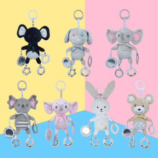 Babsky Baby Cartoon Animal Bed Hanging Baby Elephant Rabbit Teeth Gum Car Hanging with Safety Mirror Toy