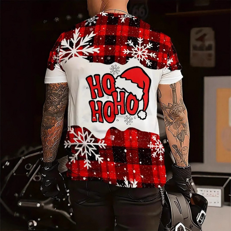 Men's Versatile Round-Neck Breathable Loose Short-Sleeved T-Shirt Christmas Series Square Patchwork Christmas Hat 3D Print