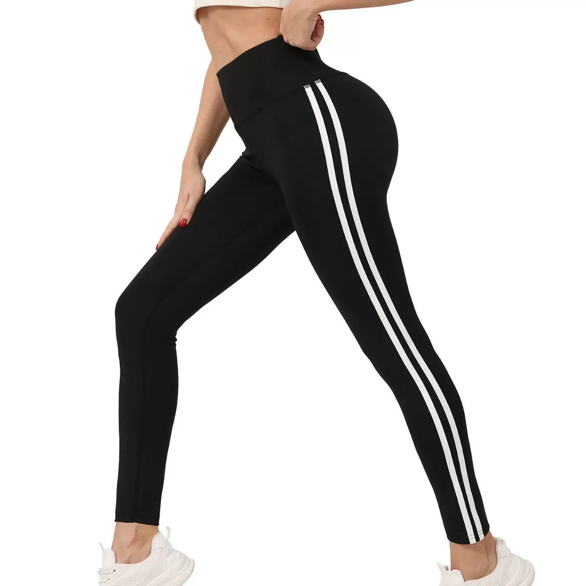 跨境瑜伽裤女健身裤撞色条纹蜜桃臀高腰收腹运动裤户外跑步瑜伽服