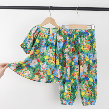儿童夏季人造棉上衣裤子夏装棉绸短袖防蚊裤套装新中式印花两件套