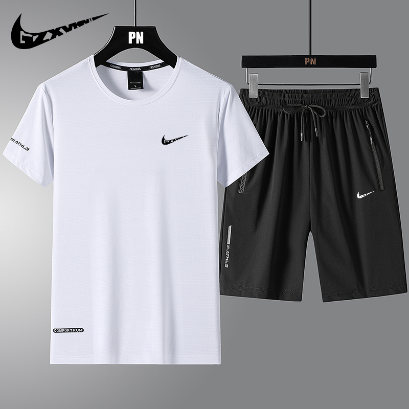 Men's 2024 Summer Ice Silk sports leisure suit men's T-shirt short sleeve/shorts quick-drying running fitness two-piece suit