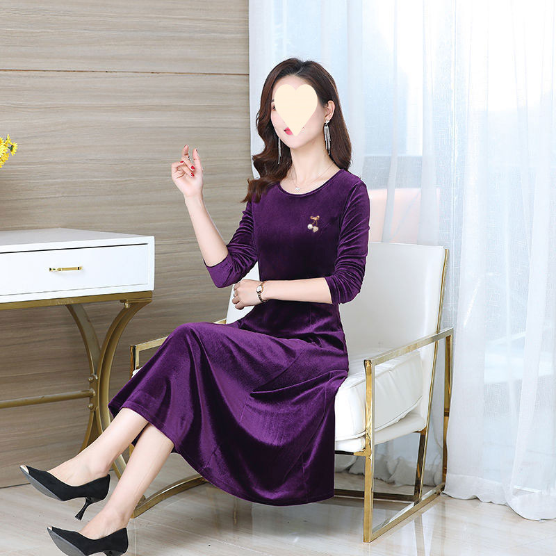 连衣裙女秋冬新款金丝绒连衣裙女中长款修身大码妈妈裙女装|undefined