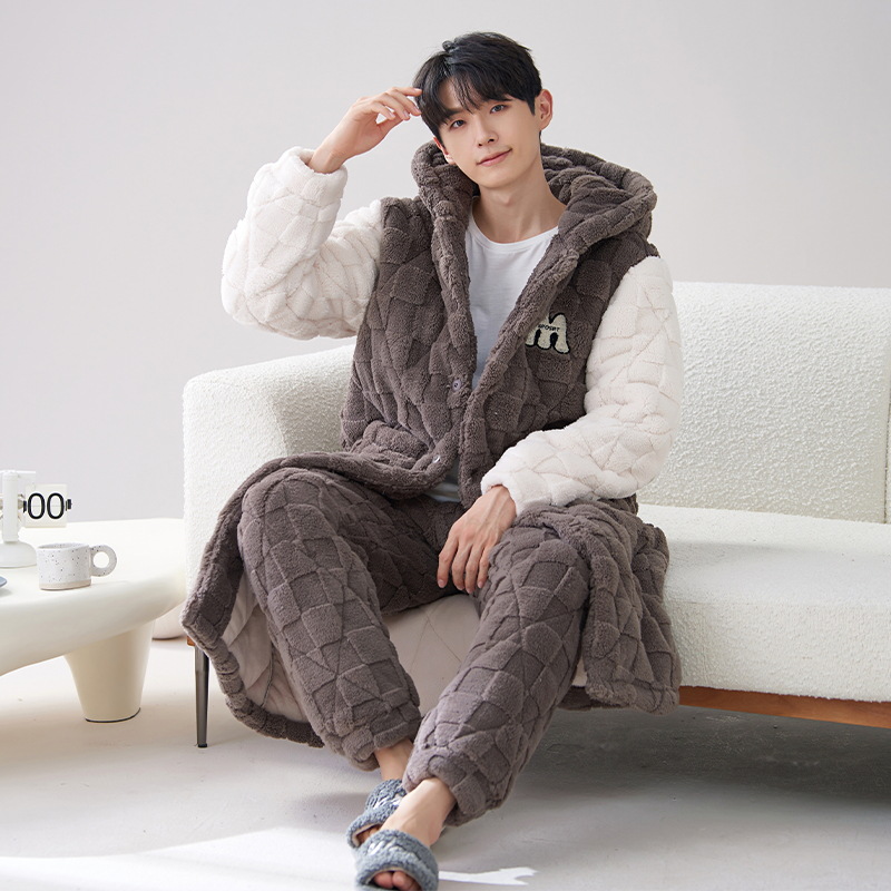 Pijamas de invierno para hombre 2024, bata acolchada de tres capas de longitud media, forro polar coral cálido con capucha, informal y grueso para uso exterior
