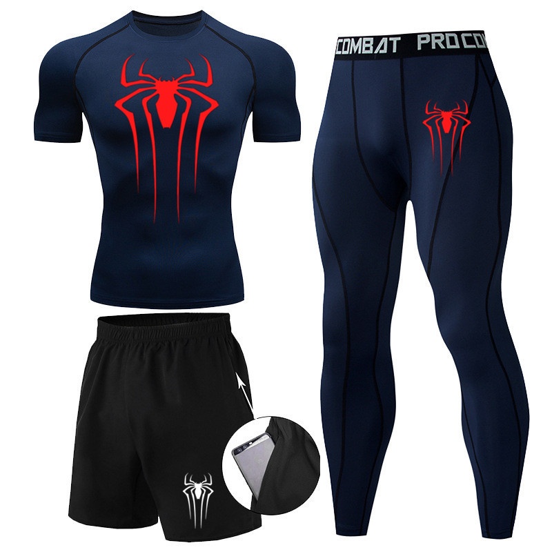 Marca hombres Spider-Man impreso de tres piezas de compresión de secado rápido de manga larga medias corriendo traje deportivo traje de entrenamiento