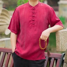 中国风夏季男士大码真丝短袖T恤上衣复古宽松休闲衬衫铜氨丝上衣