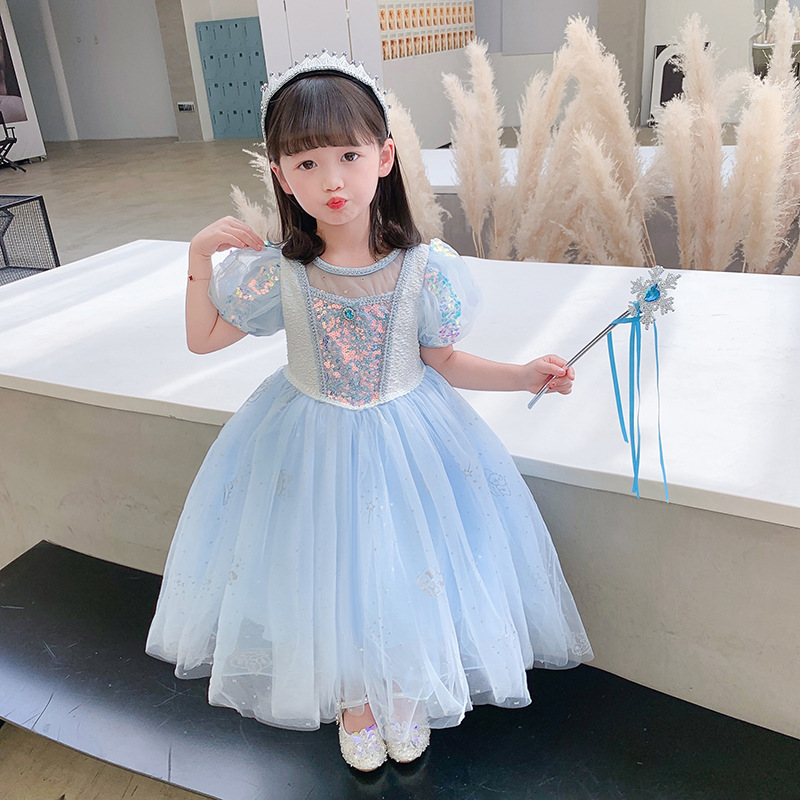 Summer New Frozen Elsa Princess Dress for Girls, Elsa Short-Sleeved Dress, Elsa New Model for Children's Day