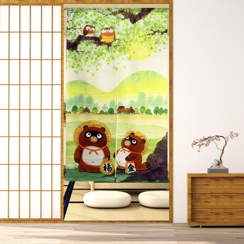 Japanese-Style Fire-Resistant Material Door Curtain, Owl and Raccoon Design, Kitchen Partition Curtain, Extended Length, No Drilling Required