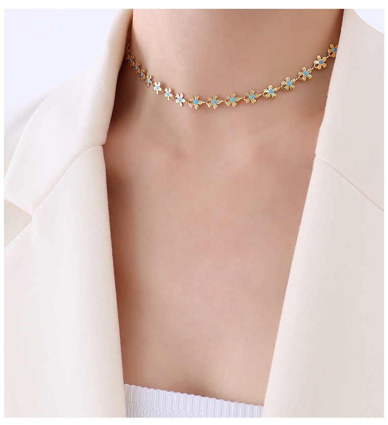 INS European and American Personalized Gold Blue with Flowers Drop Oil Necklace Titanium Steel Plate
