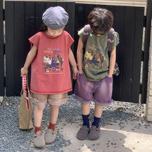 童T恤2025夏男女童韩版卡通印花无袖T儿童圆领宽松休闲上衣末小蒙