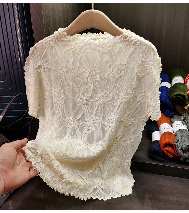 Áo thun nữ tay ngắn cổ tròn chất liệu cotton dập nổi hoa văn nổi cao cấp — Màu đen, Màu đào, Màu trắng, Màu xám chi tiết 10