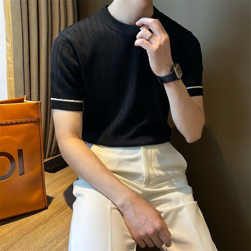 Thin silk breathable knitted solid color trend short sleeve T-shirt…