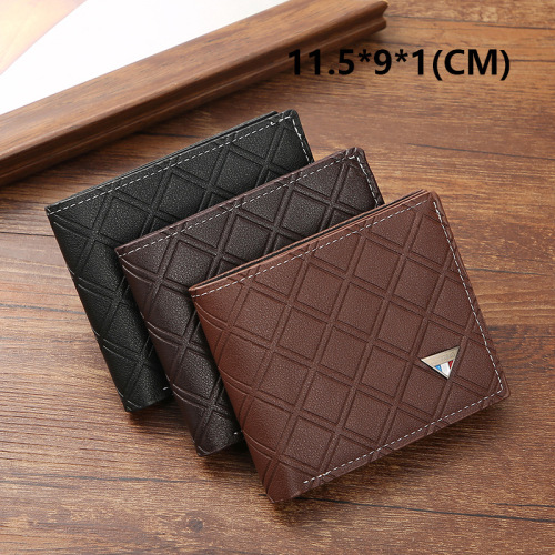 New men's wallet short wallet men's youth fashion casual plaid multi-card slot thin soft leather wallet coin purse