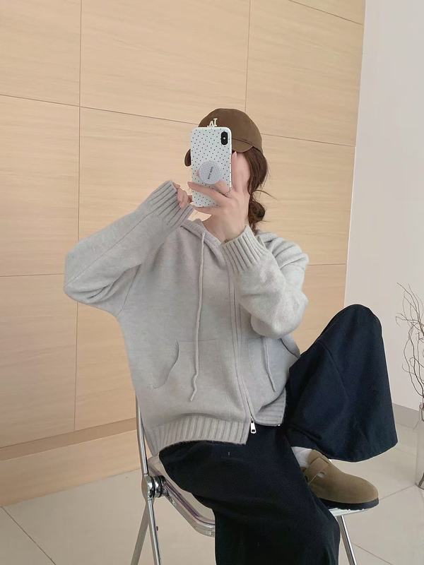 秋冬新款设计感抽绳连帽双拉链口袋休闲针织开衫女简约百搭外套|undefined