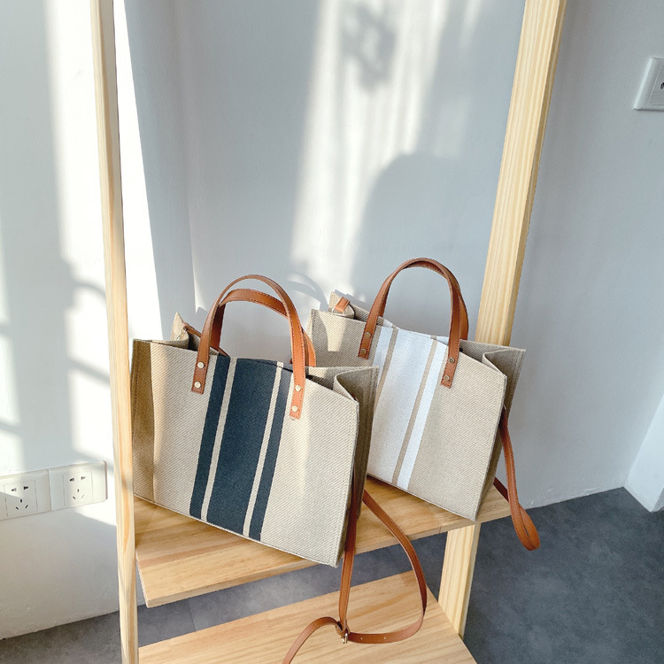 Versione coreana della valigetta portatile, borsa grande in tela quadrata a righe per pendolari, borsa da donna_voghion.com