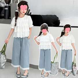 女童洋气新款2026夏季套装儿童中大童花边短袖两件套阔腿裤夏装
