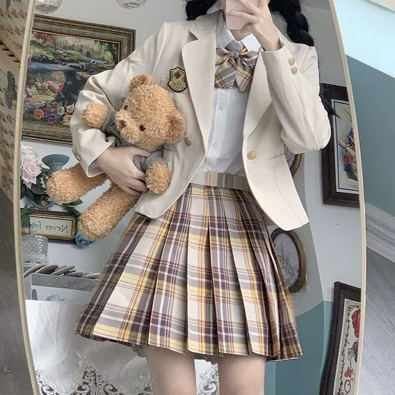 Японский короткий костюм, комплект, студенческая плиссированная юбка