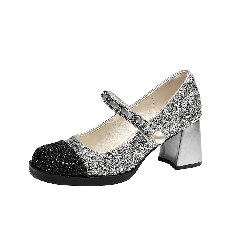 Primavera nuevo temperamento pequeño fragancia francés Mary Jane zapatos de cuero mujer blanco y negro a juego zapatos de tacón grueso tacones altos