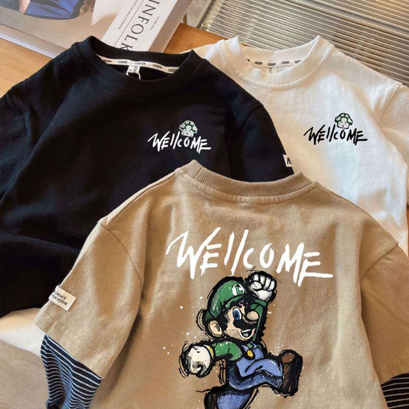 Camiseta de algodón para niños de manga larga de primavera y otoño ropa de niños guapos delgados camisa de fondo de dos piezas para niños de estilo coreano