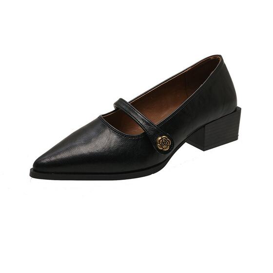 Soft Leather Version ~ Retro Shallow Mouth High Heels Women's Camellia Buckle Thick Heel Single Shoes Pointed Elegant Mary Jane Shoes