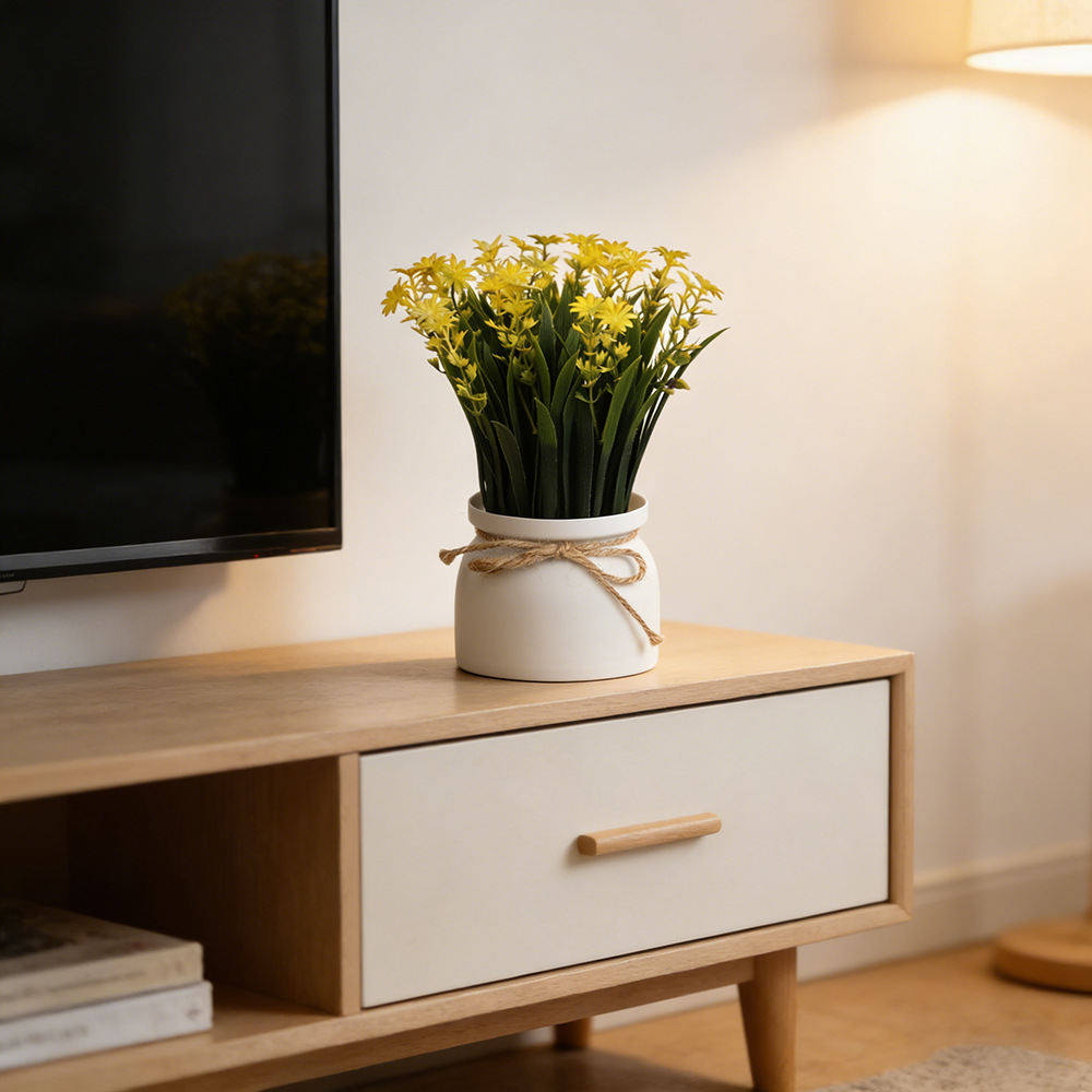Nuevo escritorio de maceta de simulación transfronteriza adornos decorativos de plantas verdes, hierba de primavera, crisantemo, cuerda de cáñamo, planta de simulación de bonsái de plástico image 5