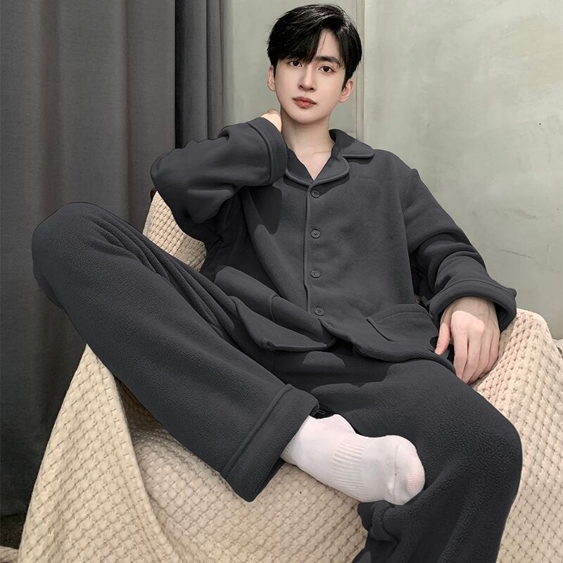 Men's double-sided fleece pajamas, new autumn/winter style, simple solid color, coral fleece, warm and fleece-lined, loungewear set