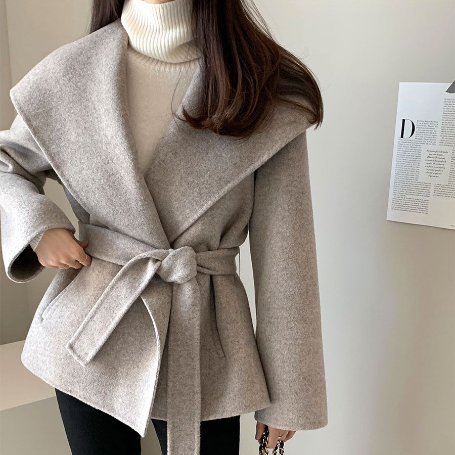 in stock South Korea chic autumn and winter retro style texture large lapel wool coat lace-up small short