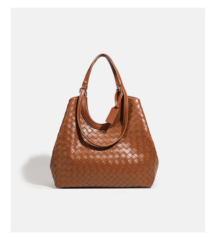 Túi tote da bò dệt kiểu retro cỡ lớn, có túi con rời, quai xách tay và đeo vai — màu nâu, màu đen chi tiết 11
