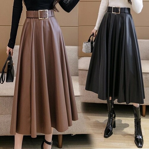 Coffee color leather skirt, new high-waisted pleated skirt, women's spring and autumn mid-long hip long dress