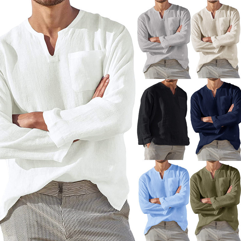 2022 Amazon Wish Independent Station Hot Selling Men's Long-Sleeved V Neck Casual Beach Linen Shirt for Men