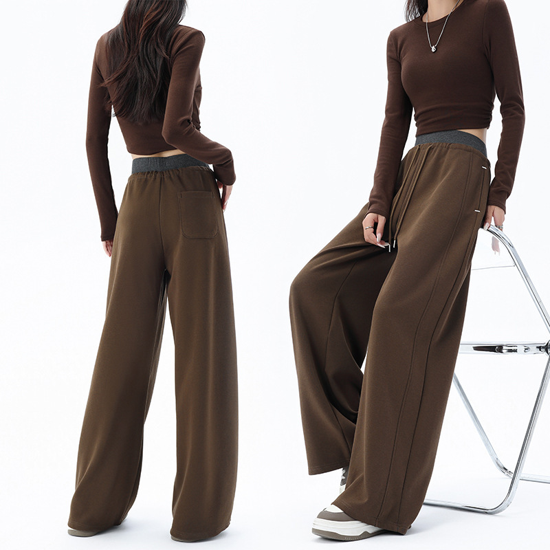 American-Style Loose-Fit Sports Sweatpants for Women, Autumn Ribbed Color-Block High-Waisted Wide-Leg Pants, Loose Casual Straight-Leg Trousers