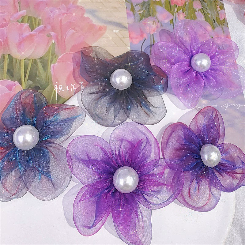 虞倾 新款65mm布艺珍珠花朵 diy欧根纱紫色花瓣手机壳服装材料