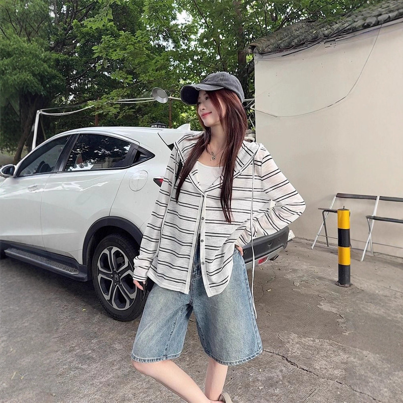 [Factory Ready Stock] Retro Striped Hooded Jacket for Women, Thin Long-Sleeve Sunscreen Cardigan, Lazy Style Loose Top