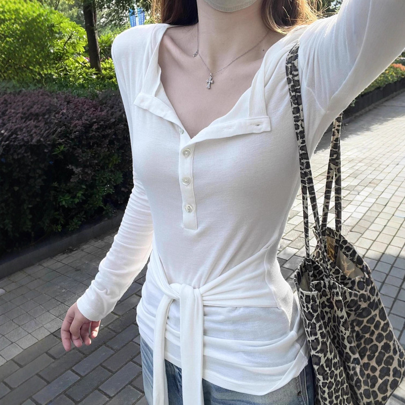 American Style Spicy Girl Lace-Up V-Neck Long-Sleeve T-Shirt for Women, Spring and Autumn 2026 New Slim-Fit Simple Sun-Protective Cover-Up Top Trendy