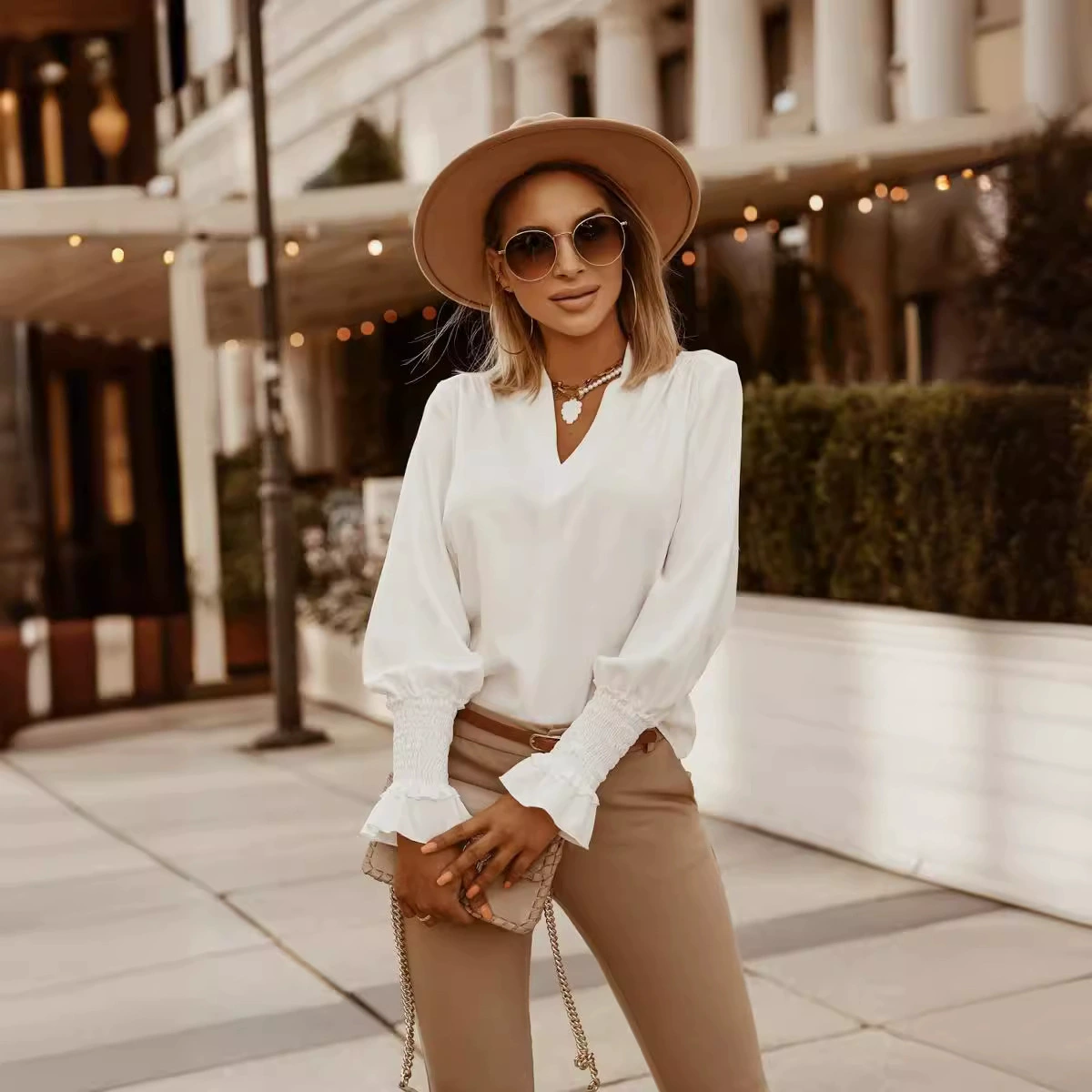 2024 Amazon wish AliExpress взрывной осенне-зимний сплошной цвет простой манжеты с V-образным вырезом женская рубашка