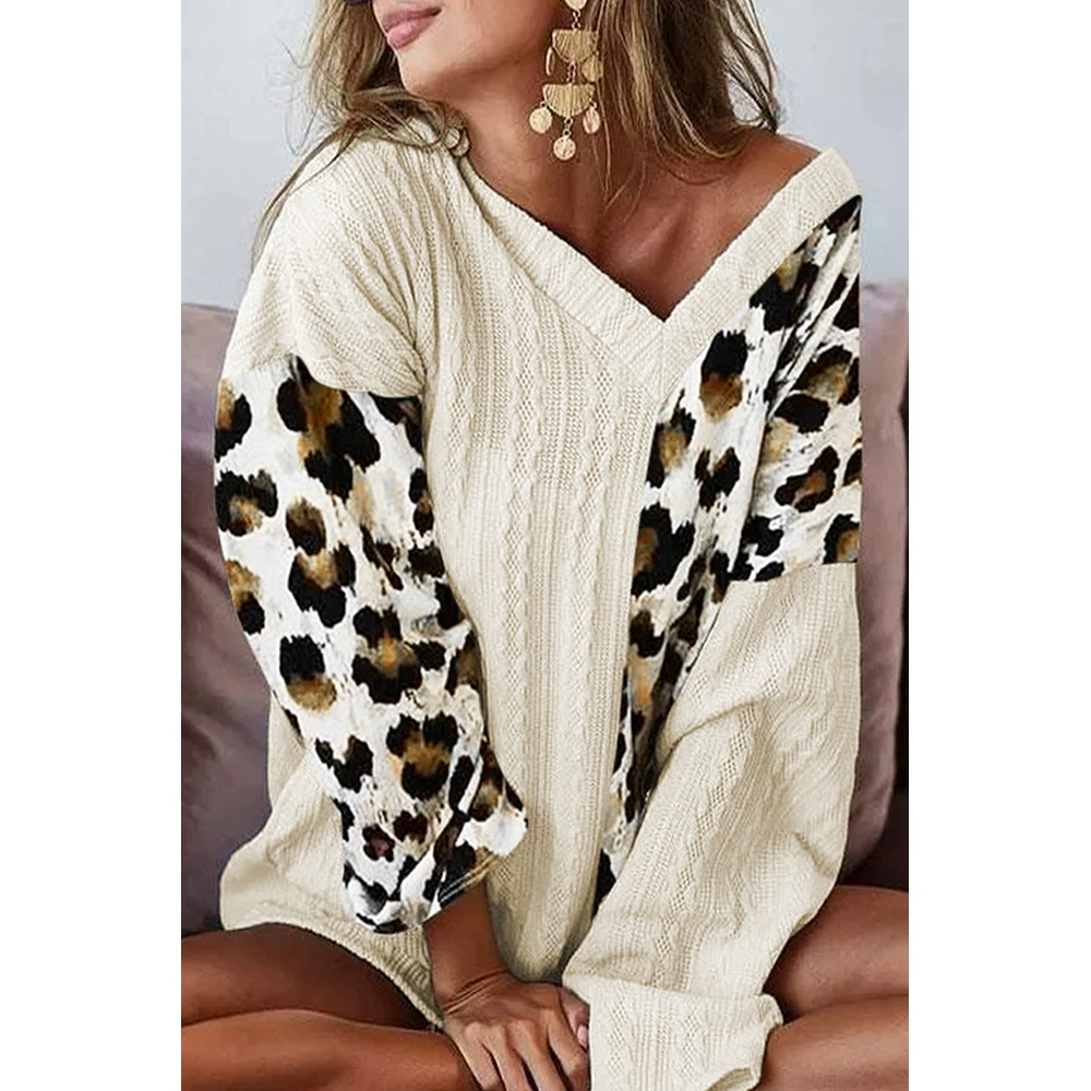 Beige long-sleeve, fashionable sweater, V-neckline, European style