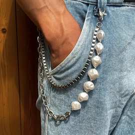 INS风古巴方链不规则珍珠拼接裤链配饰金属盒子链个性朋克腰