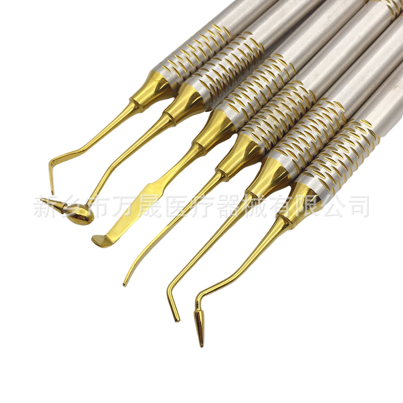 Instrumentos de resina dental estética – set de relleno odontológico azul y dorado