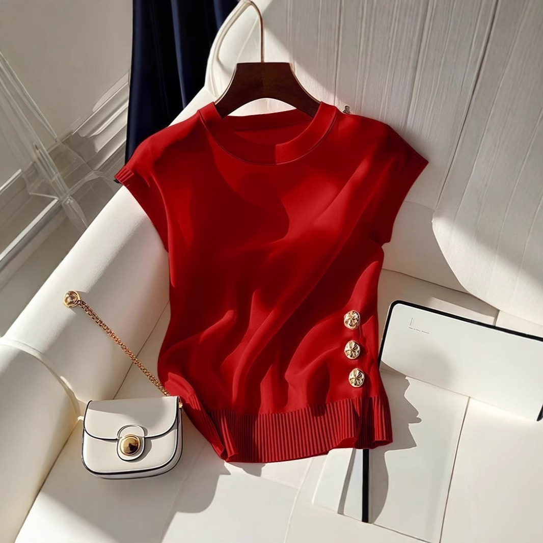Women's Light Luxury Pink Knit Top Round Neck Sleeveless T-Shirt French Style Summer Chic Fashion For Youthful Women_voghion.com
