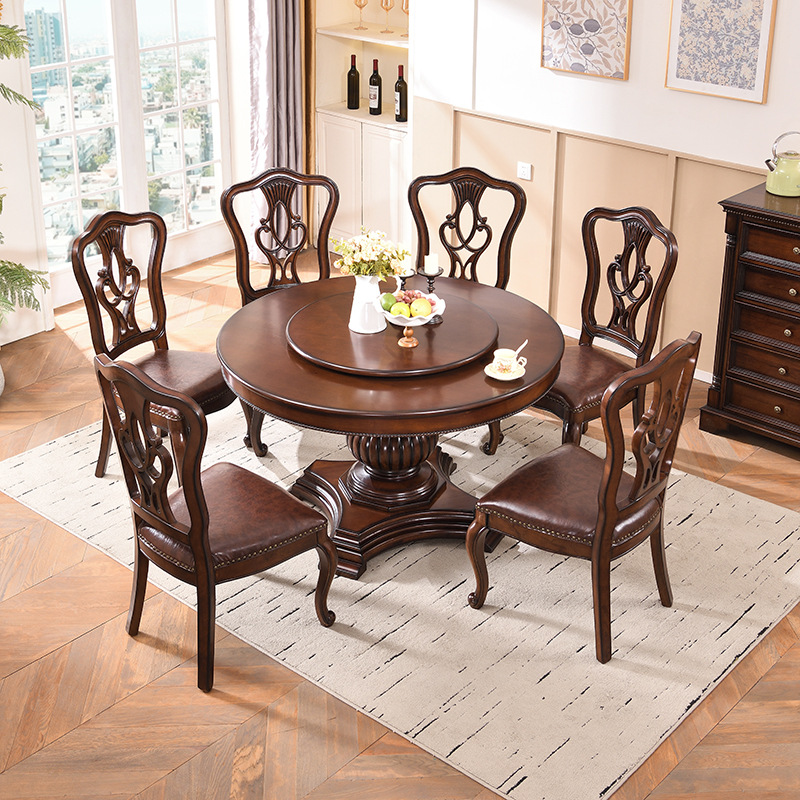 European-Style Large Round Table Restaurant Retro Dining Table and Chair Combination Household Round Dining Table 1.5m American-Style Solid Wood Round Dining Table