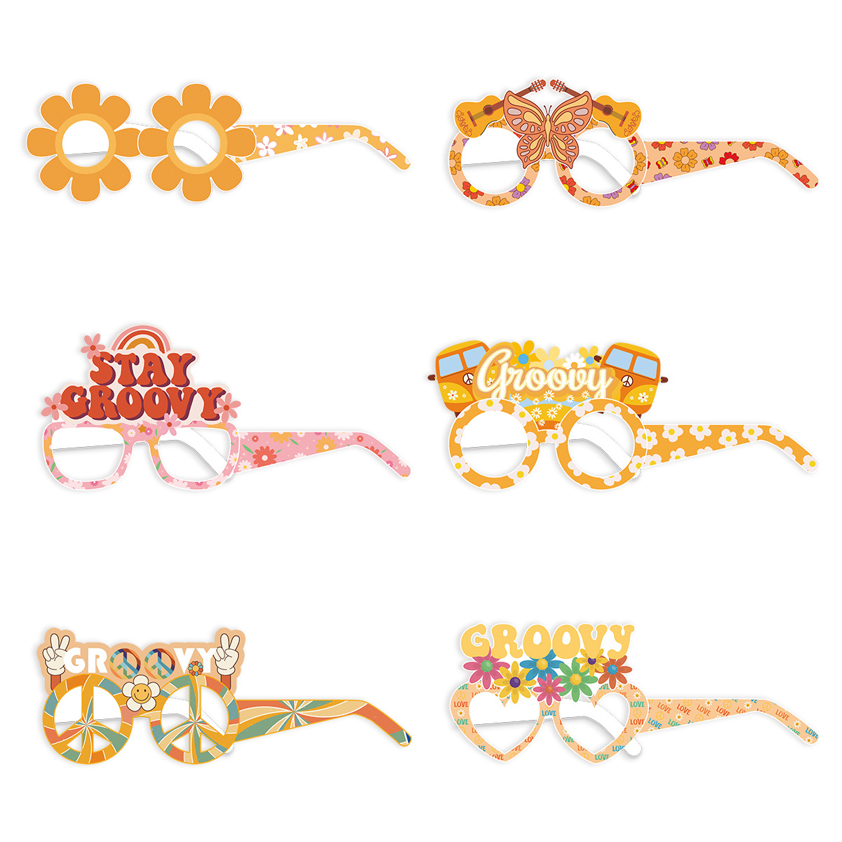 Hippie tema vintage papel gafas dos Groovy partido divertido color decoración 3D gafas al por mayor