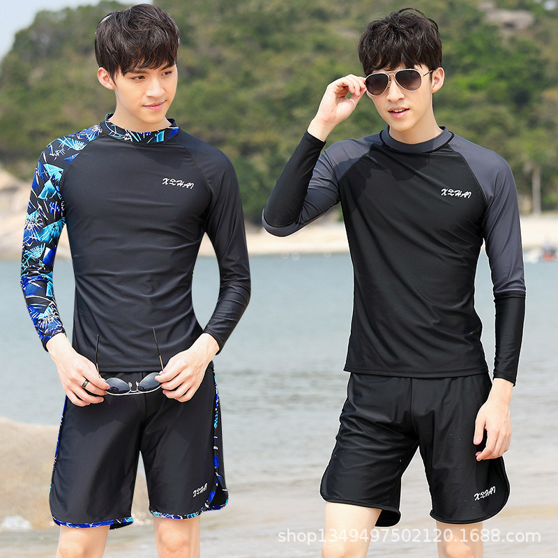 Men's Two-Piece Swimwear Long-Sleeve Top and Swim Shorts Beach Shorts Anti-Embarrassment Swim Trunks Men's Sun-Protective Swimwear Set