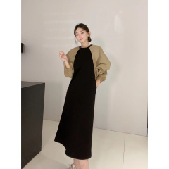 60213#秋款法式撞色宽松连衣裙显瘦小众设计感假两件连衣裙裙子