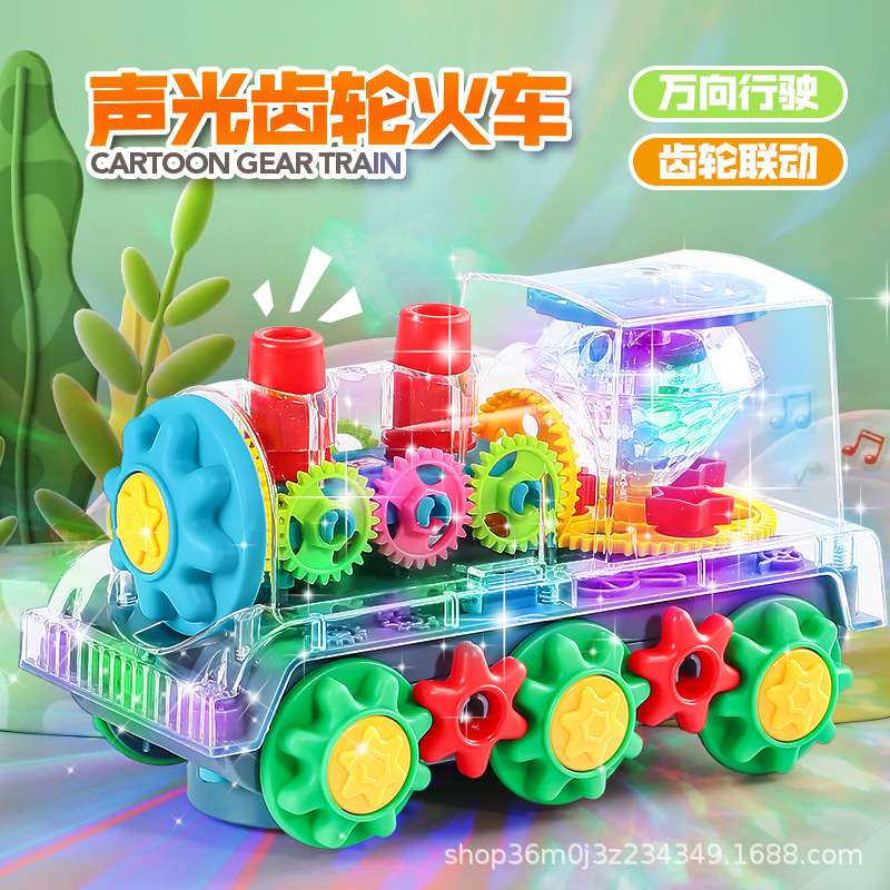 Juguetes de tren eléctrico para niños, engranajes universales, luz transparente, música giratoria, modelo de tren de juguetes al por mayor