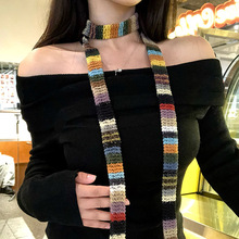 日系复古彩色小众针织细围巾女原宿风时髦多功能百搭细窄围脖配饰